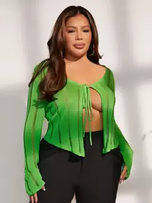 SHEIN SXY Plus Tie Front Cardigan - Lime Green - View 1