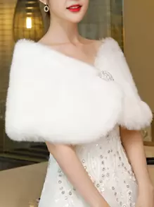 1 件多功能长款仿貂皮草保暖披肩，女士冬季白色斗篷，厚实保暖婚礼披肩，新娘礼服斗篷，饰有腰带和水钻，女士秋装 - 米色 - 查看 4