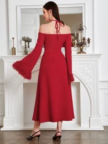 Modelyn Fuzzy Cuff Halter Neck Dress - Red - View 2