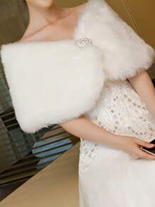 1 件多功能长款仿貂皮草保暖披肩，女士冬季白色斗篷，厚实保暖婚礼披肩，新娘礼服斗篷，饰有腰带和水钻，女士秋装 - 米色 - 查看 6