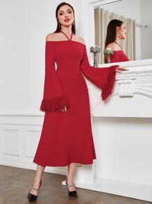 Modelyn Fuzzy Cuff Halter Neck Dress - Red - View 5