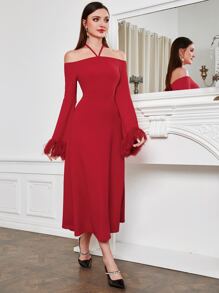 Modelyn Fuzzy Cuff Halter Neck Dress - Red - View 6