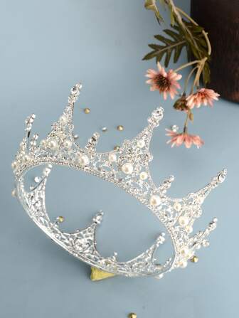 1 pieza Diadema de corona de círculo de estilo francés vintage de aleación con decoración de perlas falsas y rhinestones, adecuada para tiaras de boda y fiesta