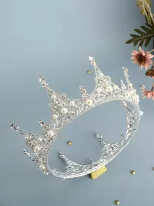 1pc Women's Faux Pearl & Rhinestone Decor Alloy French Vintage Court Circle Crown, Suitable For Wedding Party Tiaras Valentine's Day Accessories