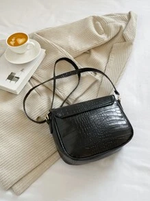 Bolsa cuadrada con cocodrilo en relieve con diseño de hebilla - Negro - Ver 5