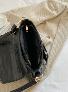 Bolsa cuadrada con cocodrilo en relieve con diseño de hebilla - Negro - Ver 6