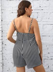 SHEIN Privé 大碼千鳥格印花吊帶連體短褲 - 黑與白 - 查看 2