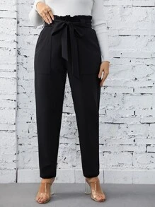 SHEIN Privé Plus Paperbag Waist Belted Trousers - Black - View 6