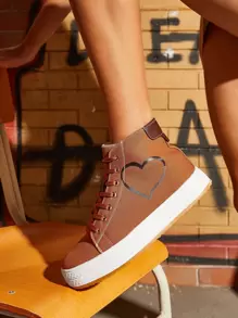 Heart Pattern High Top Lace-up Front Canvas Shoes - Brown - View 1