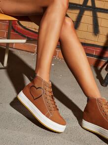 Heart Pattern High Top Lace-up Front Canvas Shoes - Brown - View 2