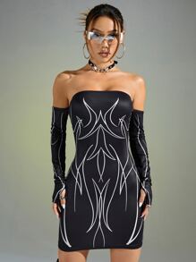 SHEIN ICON Graphic Print Off Shoulder Bodycon Dress - Black - View 3