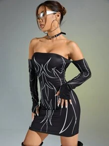 SHEIN ICON Graphic Print Off Shoulder Bodycon Dress - Black - View 4