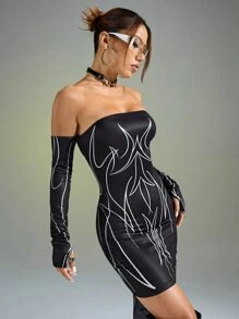 SHEIN ICON Graphic Print Off Shoulder Bodycon Dress - Black - View 6