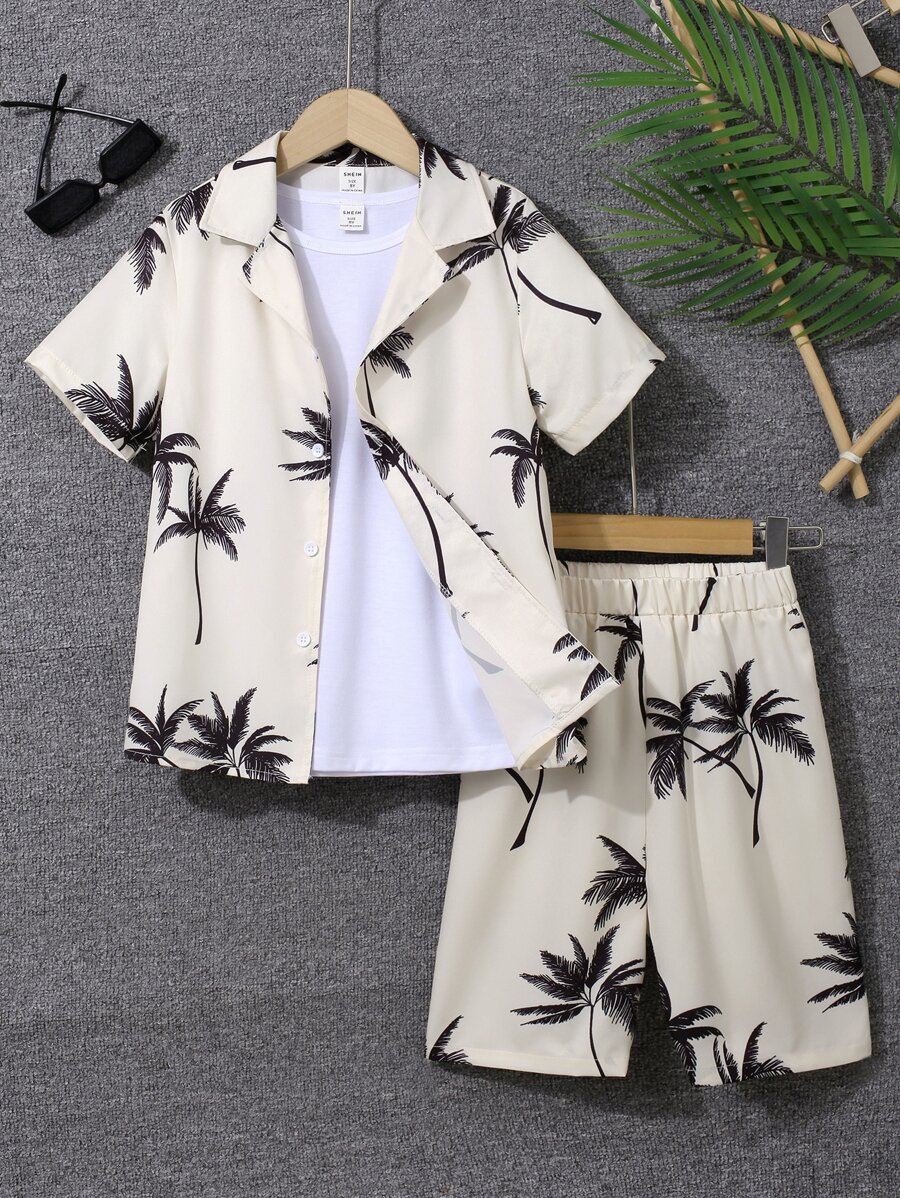 SHEIN Boys Tropical Print Shirt & Shorts Without Tee - Apricot - View 1