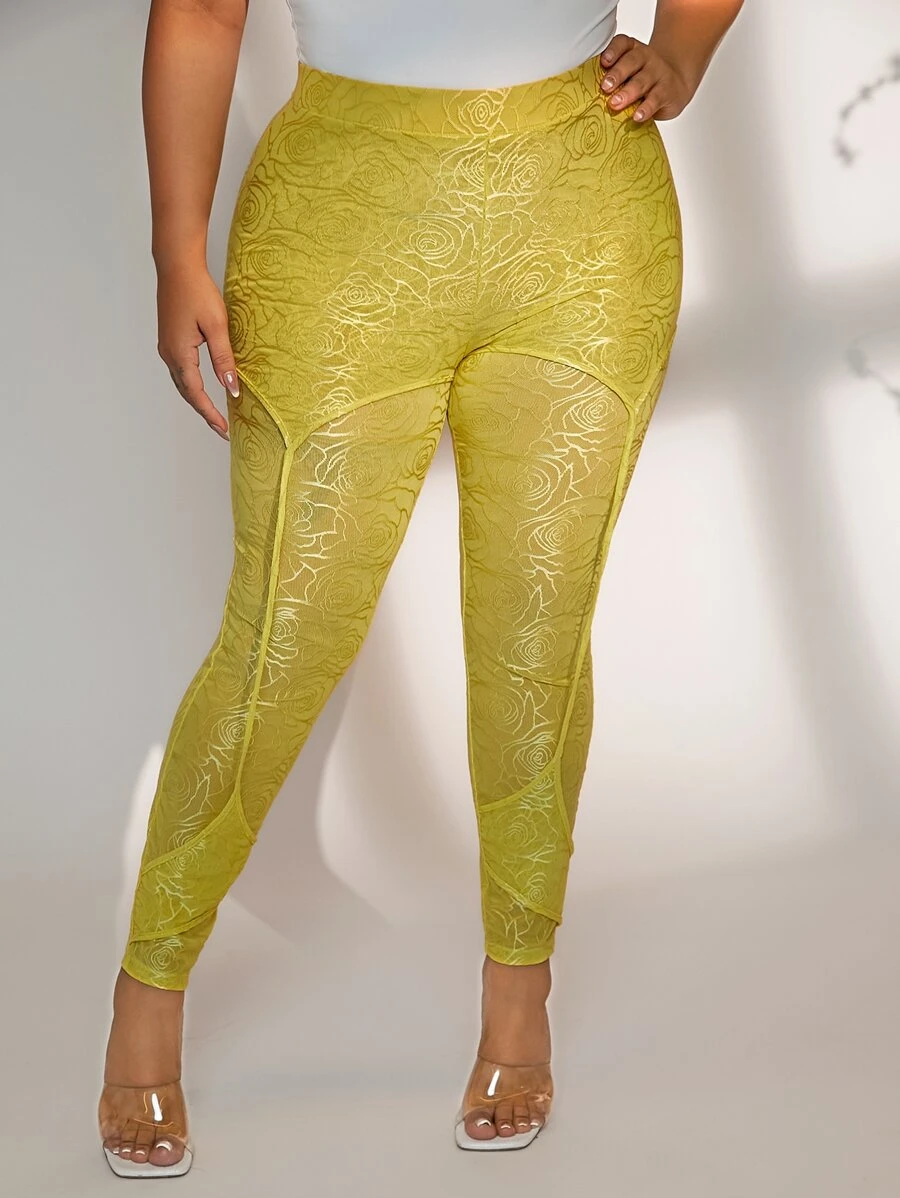 SHEIN SXY Plus Floral Pattern Leggings - Yellow - View 1
