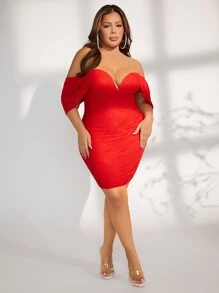 SHEIN SXY Plus Off Shoulder Bodycon Dress - Red - View 1