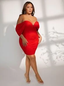 SHEIN SXY Plus Off Shoulder Bodycon Dress - Red - View 3