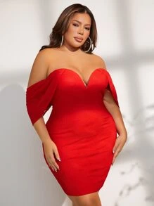 SHEIN SXY Plus Off Shoulder Bodycon Dress - Red - View 4