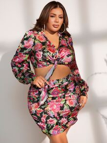 SHEIN SXY 大碼印花前打結短款上衣和包臀半身裙 - 彩色 - 查看 4