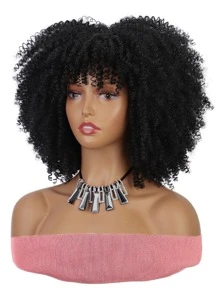 Peluca afro rizada corta con flequillo para mujer Peluca de pelo rizado natural Pelucas completas sintéticas afro 12 pulgadas (1B #)