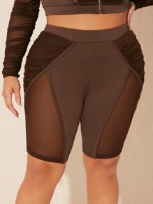 SHEIN SXY Shorts biker de malla en contraste fruncido - Marrón Chocolate - Ver 2