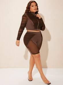 SHEIN SXY Shorts biker de malla en contraste fruncido - Marrón Chocolate - Ver 4