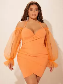 SHEIN SXY Vestido ajustado de malla en contraste de manga con volante fruncido bajo cruzado - Naranja - Ver 1