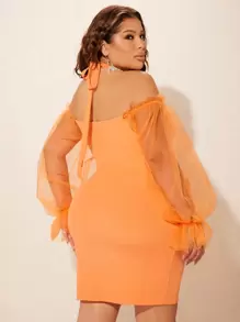 SHEIN SXY Vestido ajustado de malla en contraste de manga con volante fruncido bajo cruzado - Naranja - Ver 2