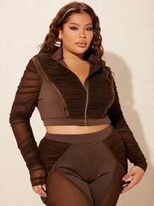 SHEIN SXY Cazadora crop de manga fruncido panel con malla - Marrón Chocolate - Ver 3