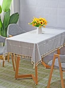 1 pieza Mantel con patrón de cuadros con diseño de fleco