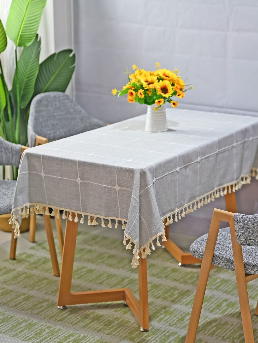 1 pieza Mantel con patrón de cuadros con diseño de fleco