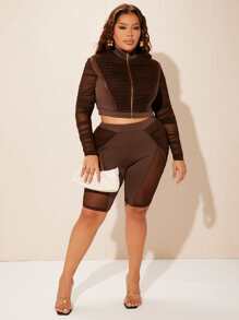 SHEIN SXY Cazadora crop de manga fruncido panel con malla - Marrón Chocolate - Ver 6