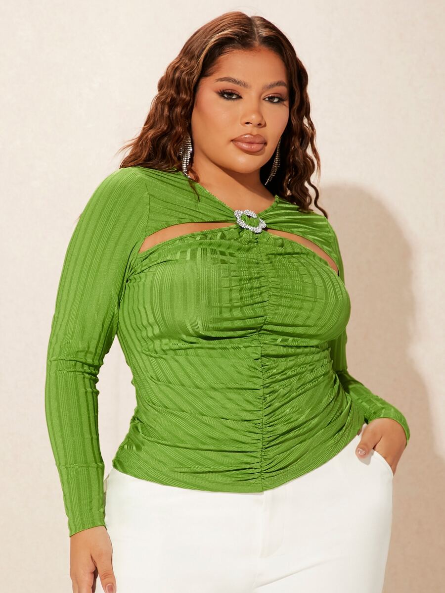 SHEIN SXY Plus Cut Out Front Ruched Tee - Olive Green - View 1