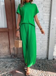 SHEIN VCAY 小高領蝙蝠袖T恤和褲子 - 綠色 - 查看 5