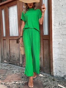 SHEIN VCAY 小高領蝙蝠袖T恤和褲子 - 綠色 - 查看 6