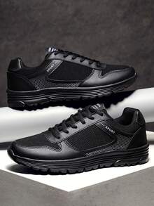 Men Letter Graphic Lace-up Front Running Shoes - Black - View 1