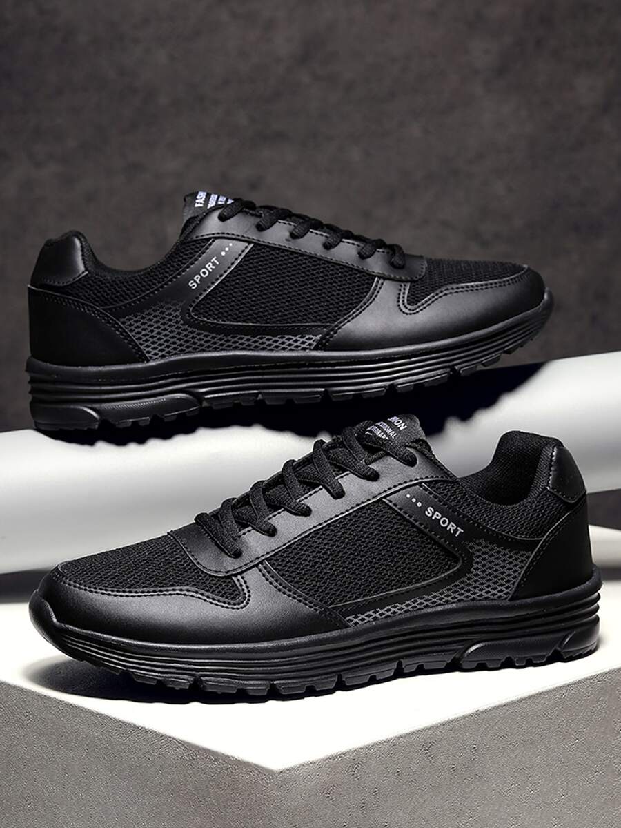 Men Letter Graphic Lace-up Front Running Shoes - Black - View 1