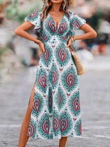 SHEIN VCAY Allover Print Butterfly Sleeve Split Thigh Dress - Multicolor - View 1