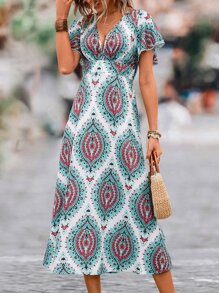 SHEIN VCAY Allover Print Butterfly Sleeve Split Thigh Dress - Multicolor - View 3