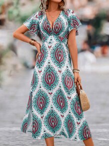 SHEIN VCAY Allover Print Butterfly Sleeve Split Thigh Dress - Multicolor - View 4