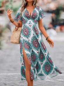 SHEIN VCAY Allover Print Butterfly Sleeve Split Thigh Dress - Multicolor - View 5