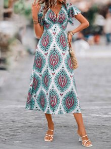 SHEIN VCAY Allover Print Butterfly Sleeve Split Thigh Dress - Multicolor - View 6