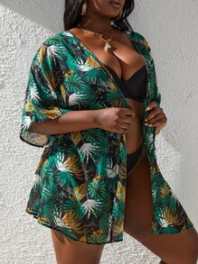Plus Tropical Print Kimono Without Bikini - Multicolor - View 3