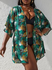 Plus Tropical Print Kimono Without Bikini - Multicolor - View 4