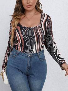 SHEIN LUNE Plus Allover Print Scoop Neck Bodysuit - Multicolor - View 3