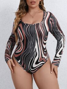 SHEIN LUNE Plus Allover Print Scoop Neck Bodysuit - Multicolor - View 4