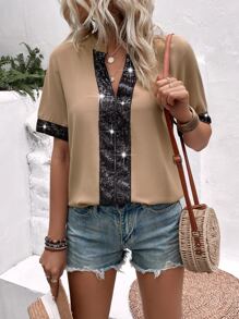 SHEIN LUNE Blusa con lentejuela en contraste de cuello de muesca - Caqui - Ver 2