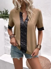 SHEIN LUNE Blusa con lentejuela en contraste de cuello de muesca - Caqui - Ver 6