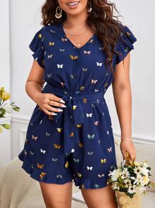 SHEIN LUNE Plus Butterfly Print Ruffle Trim Belted Romper - Navy Blue - View 1