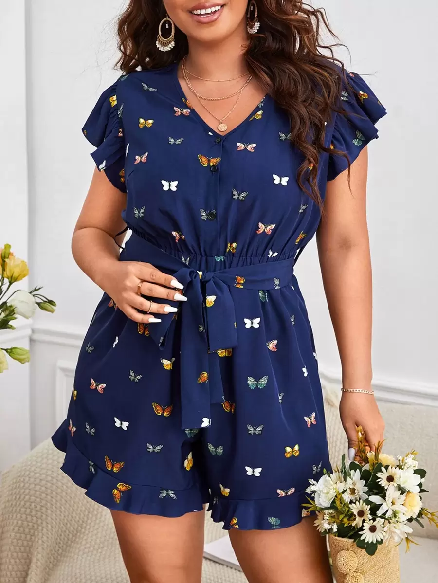 SHEIN LUNE Plus Butterfly Print Ruffle Trim Belted Romper - Navy Blue - View 1